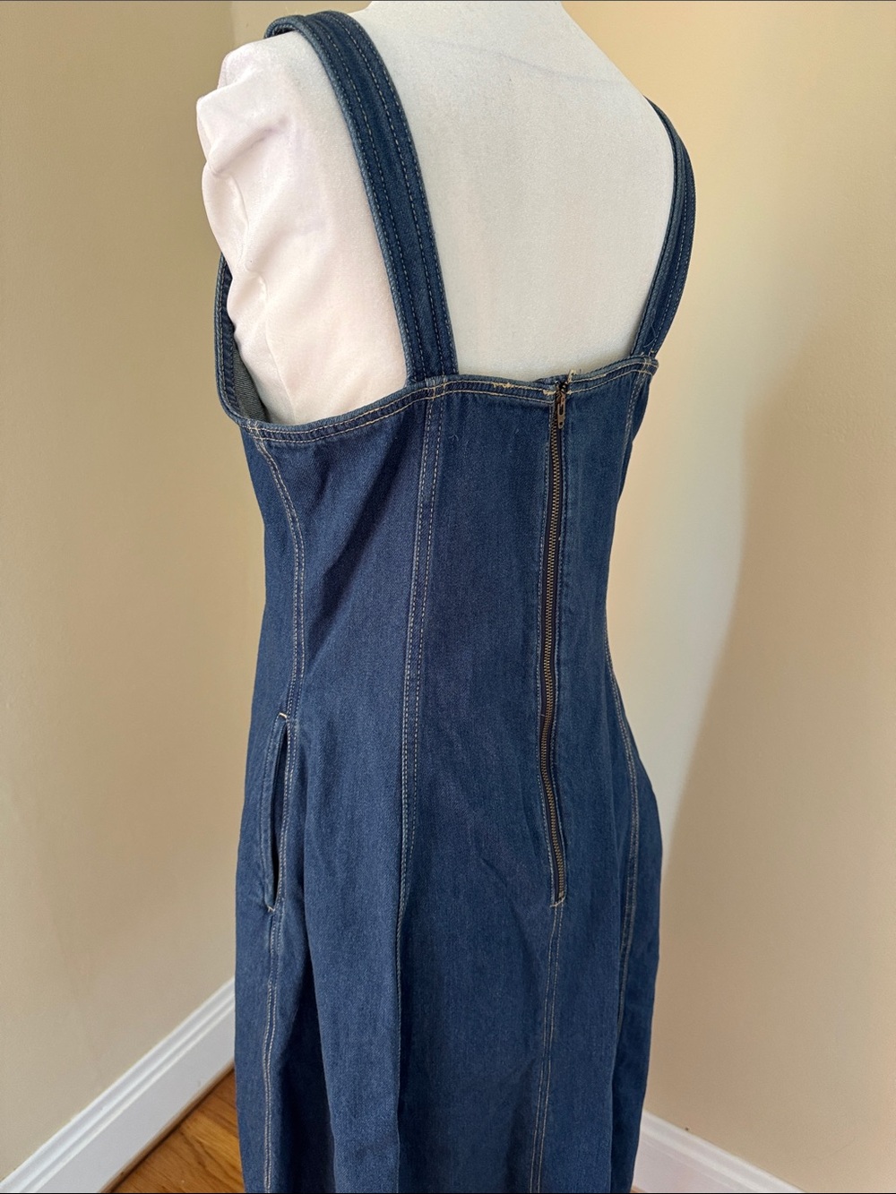 Dark Blue Denim A-Line Sundress - Women's Sleeveless Dress 8 - Picture 4 of 7